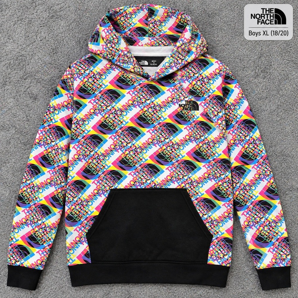 The North Face Boys XL 18/20 Multicolor Logo Glitch Print Pullover Hoodie Black